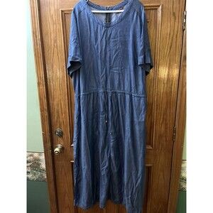 Jessica London 28W Blue Soft Denim Drawstring Waist Maxi Dress Pockets Short Zip